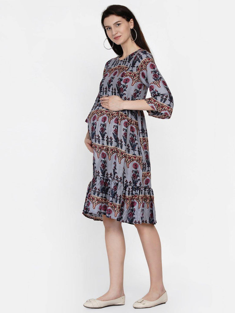 Mine4Nine "Day after Day" Women's Gray Floral Fit & flare Midi Rayon Maternity & Nursing Dress.