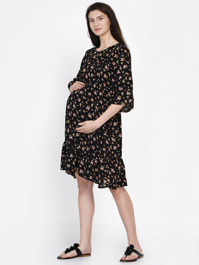 Mine4Nine "Day after Day" Women's Black Floral Fit & flare Midi Rayon Maternity & Nursing Dress.