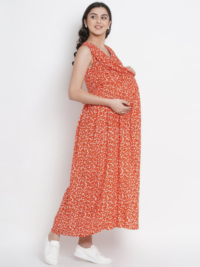Mine4Nine Women's Orange A Line Rayon Maternity Dress.