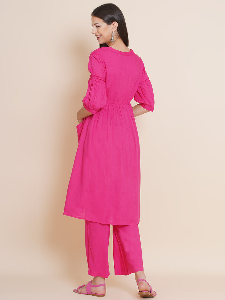 Women's Pink Fit and Flare Rayon Maternity Kurta with Palazzo Set