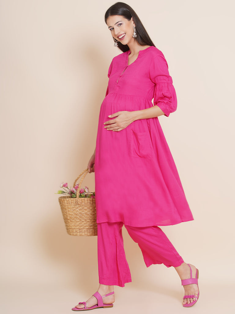 Women's Pink Fit and Flare Rayon Maternity Kurta with Palazzo Set