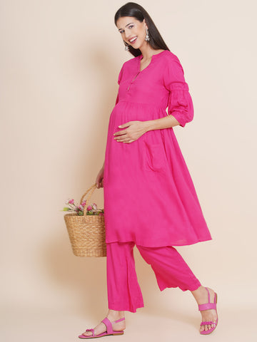 Women's Pink Fit and Flare Rayon Maternity Kurta with Palazzo Set