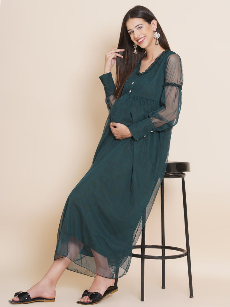 Women's Maternity Solid Dark Green Color Maxi Baby Shower Dress