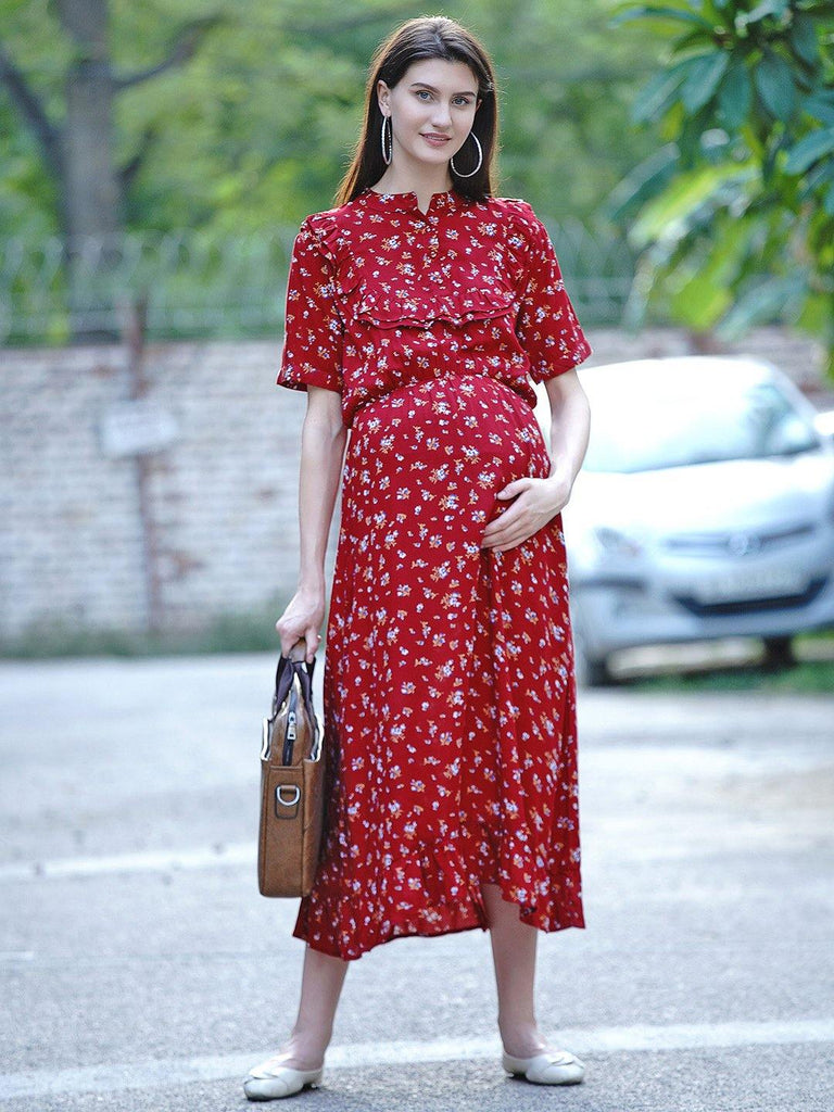 Mine4Nine "Day after Day" Women's Maroon Floral Fit and flare Midi Rayon Maternity & Nursing Dress.