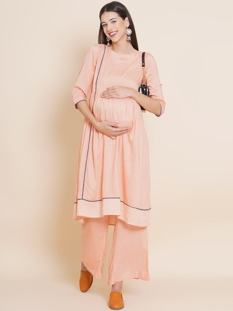 Women's Peach Fit and Flare Rayon Maternity Kurta with Palazzo Set