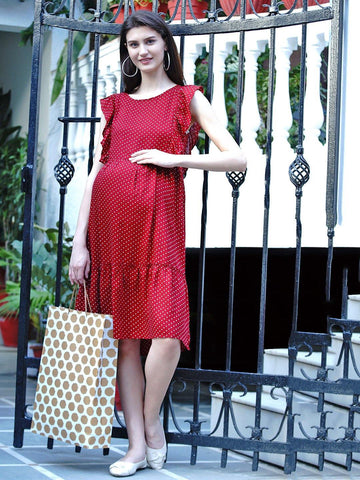 Red Maternity and Nursing Midi Dress