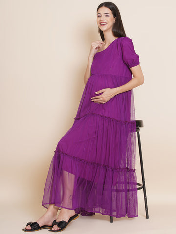 Women's Maternity Solid Violet Blue Color Maxi Baby Shower Dress