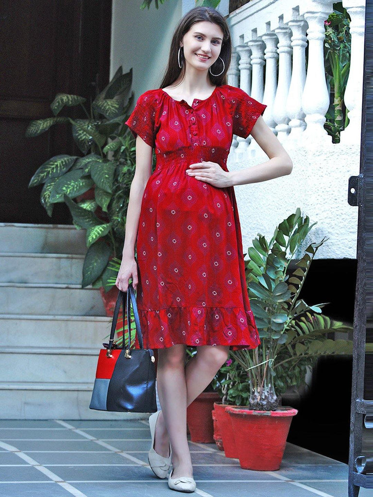 Mine4Nine "Day after Day" Women's Red Geometric  Fit & flare Midi Rayon Maternity & Nursing Dress.