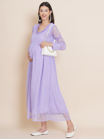 Women's Maternity Solid Lavender Color Maxi Baby Shower Dress