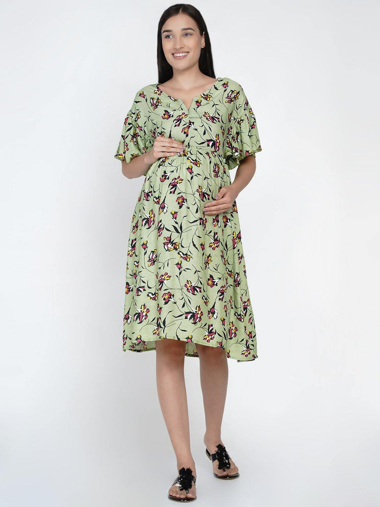 Mine4Nine "Day after Day" Women's  Green Floral Fit and Flare Midi Rayon Maternity & Nursing Dress.