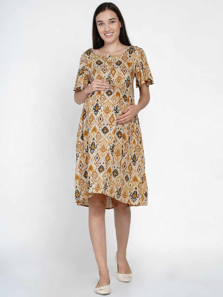 Mine4Nine "Day after Day" Women's  Brown multicolor geometric Fit and Flare Midi Rayon Maternity & Nursing Dress.