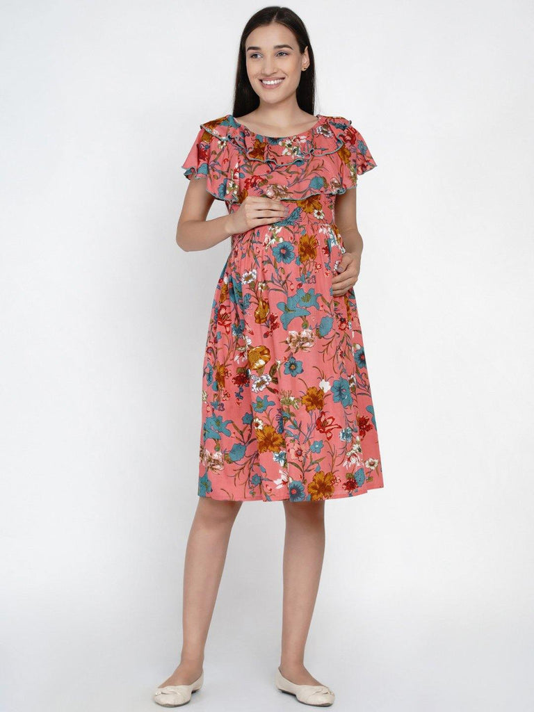 Mine4Nine "Day after Day" Women's Dark pink multicolor floral ruffled Midi Rayon Maternity & Nursing layered Dress.