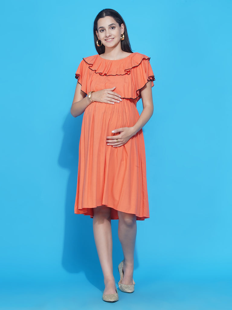 Women's Solid Peach layered Midi Maternity & Nursing dress