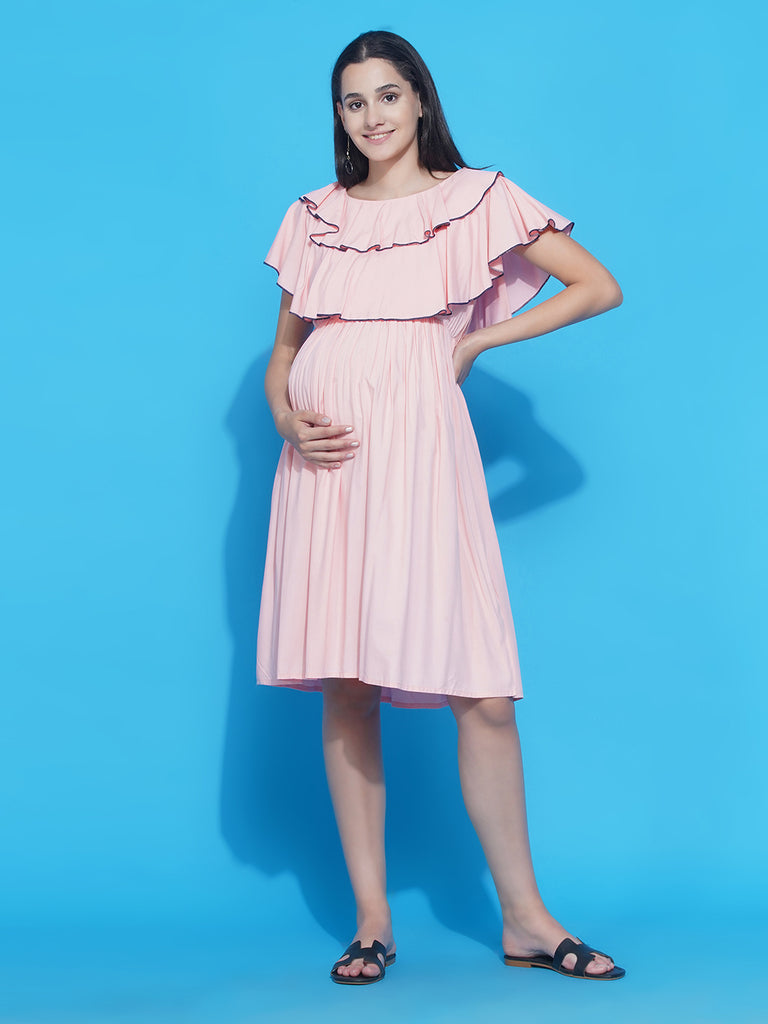 Women's Solid Light Pink layered Midi Maternity & Nursing dress