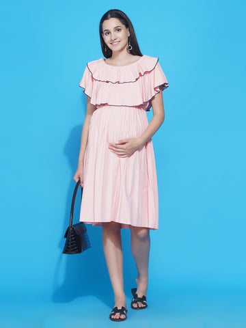 Women's Solid Light Pink layered Midi Maternity & Nursing dress