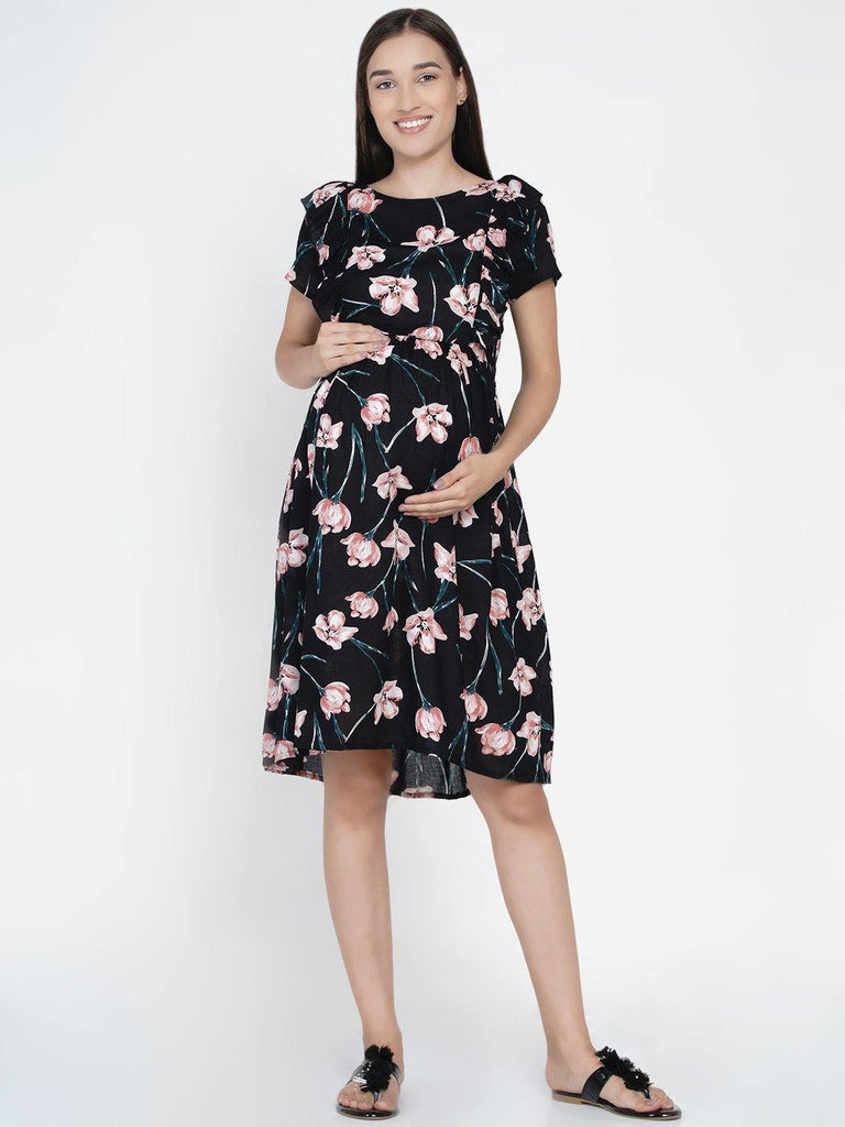 Mine4Nine "Day after Day" Women's multicolor floral ruffled Midi Rayon Maternity & Nursing Dress.