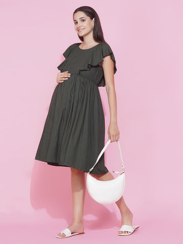 Women's Olive Green Solid Ruffled Midi Maternity & Nursing dress