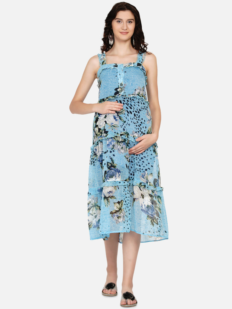 mine4nine day after day womens maternity sky blue floral print pinafore midi dress