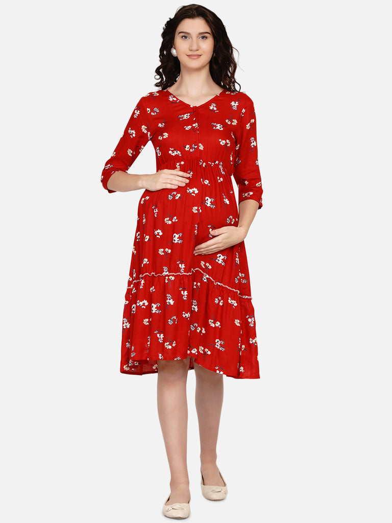 Women's red floral  midi dress