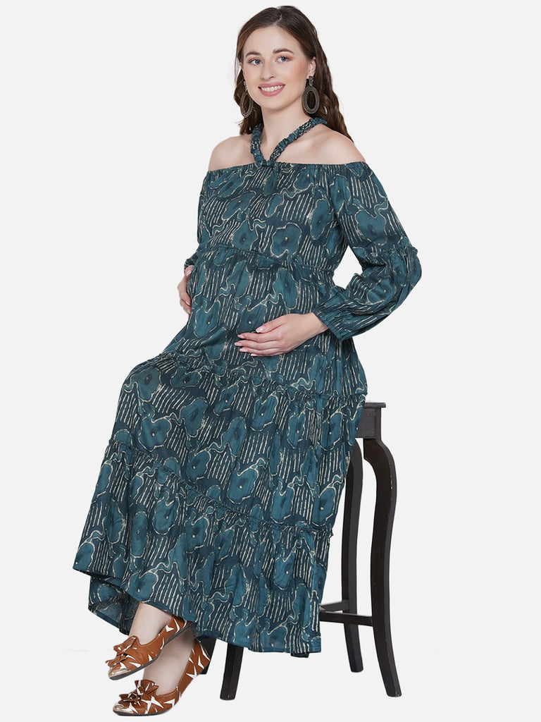 Women's Turquise/Teal Blue Rayon Maternity & Nursing Maxi Dress
