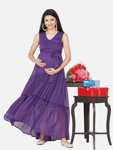 Women's Maternity Solid Blue Color Maxi Baby Shower Dress