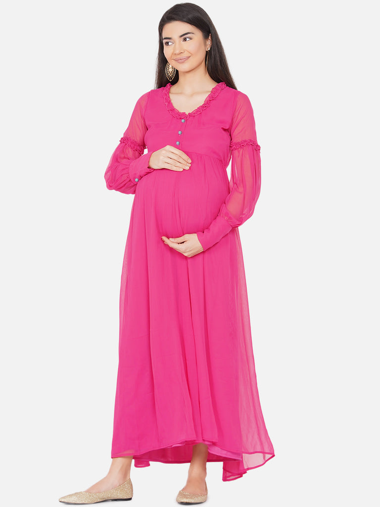 Women's Maternity Solid Pink Color Maxi Baby Shower Dress