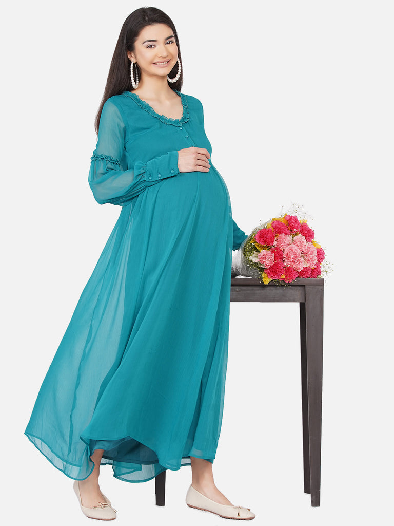Women's Maternity Solid Green Color Maxi Baby Shower Dress