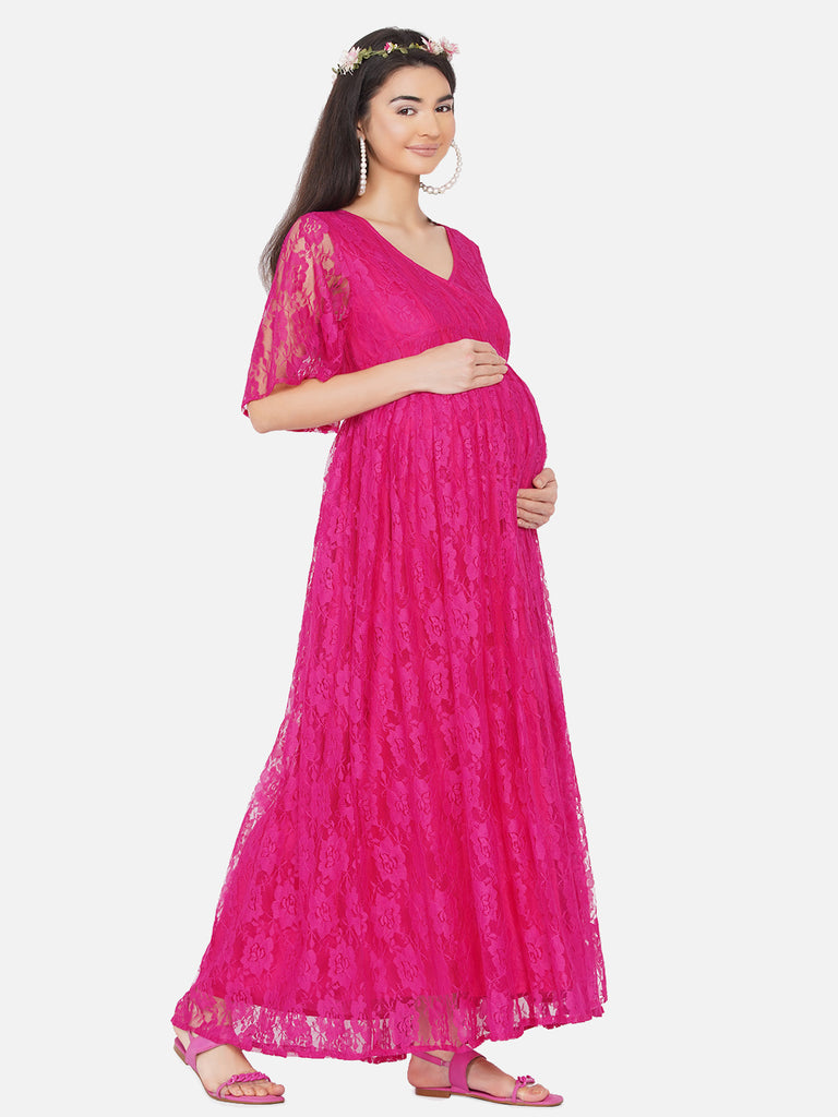 womens maternity solid maroon color maxi baby shower dress