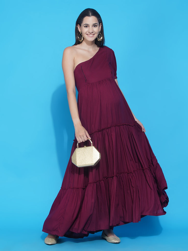 Women's Maternity Solid Wine Color Maxi Baby Shower Dress