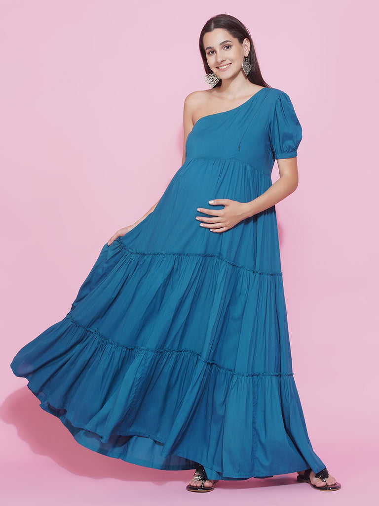 Women's Maternity Solid Teal Blue Color Maxi Baby Shower Dress