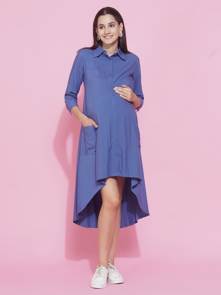 Women's Solid Blue Shirt Collar Midi Maternity & Nursing dress