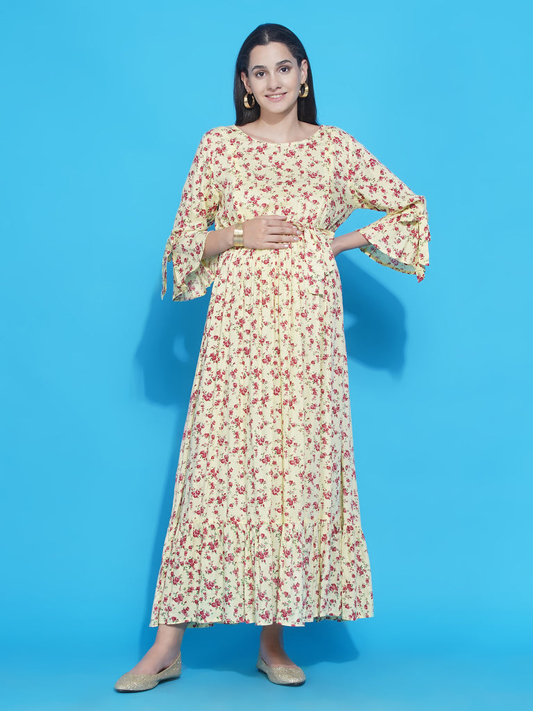 Women's Yellow Floral Maxi Rayon Maternity and Nursing Dress