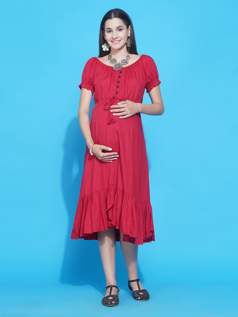 Women's Red Asymmetric Viscose Rayon Maternity & Nursing Dress