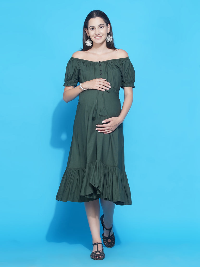 Women's Olive Green Asymmetric Viscose Rayon Maternity & Nursing Dress