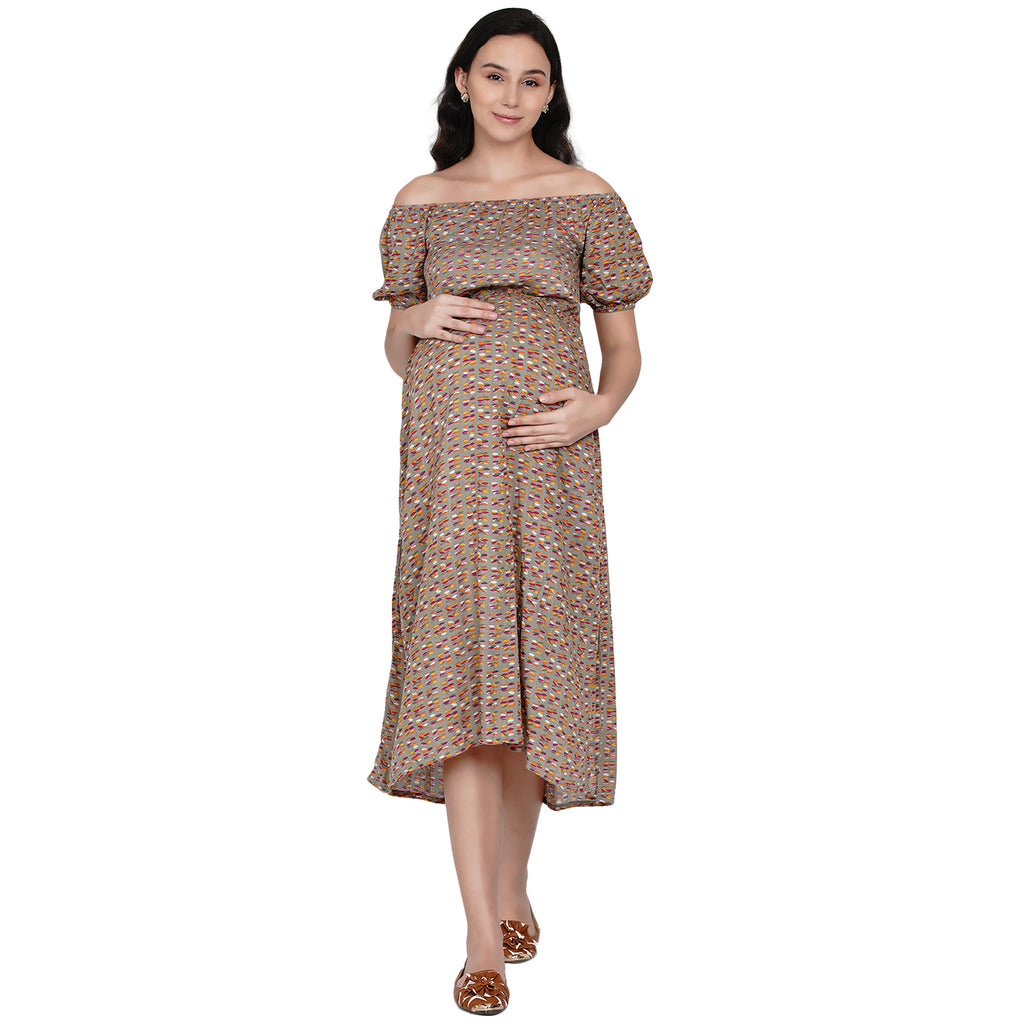 Side Knot by mine4nine Women's Maternity Brown  Fit and Flare Sustainable Rayon Floral Print maternity Dress
