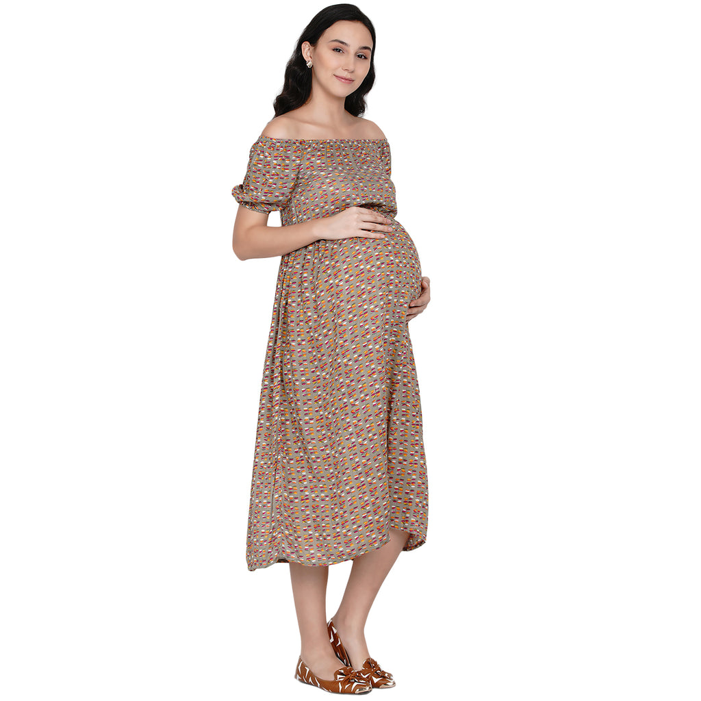 Side Knot by mine4nine Women's Maternity Brown  Fit and Flare Sustainable Rayon Floral Print maternity Dress
