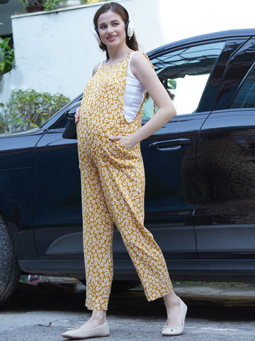 Women's Yellow Rayon Maternity Dungaree/Jumpsuit