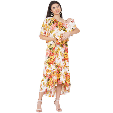 Off White floral Maxi Maternity dress for Mom & Matching Baby Wrapper set