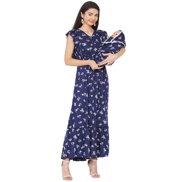 Navy Blue floral  Maxi Maternity dress for Mom  & Matching Baby Wrapper set